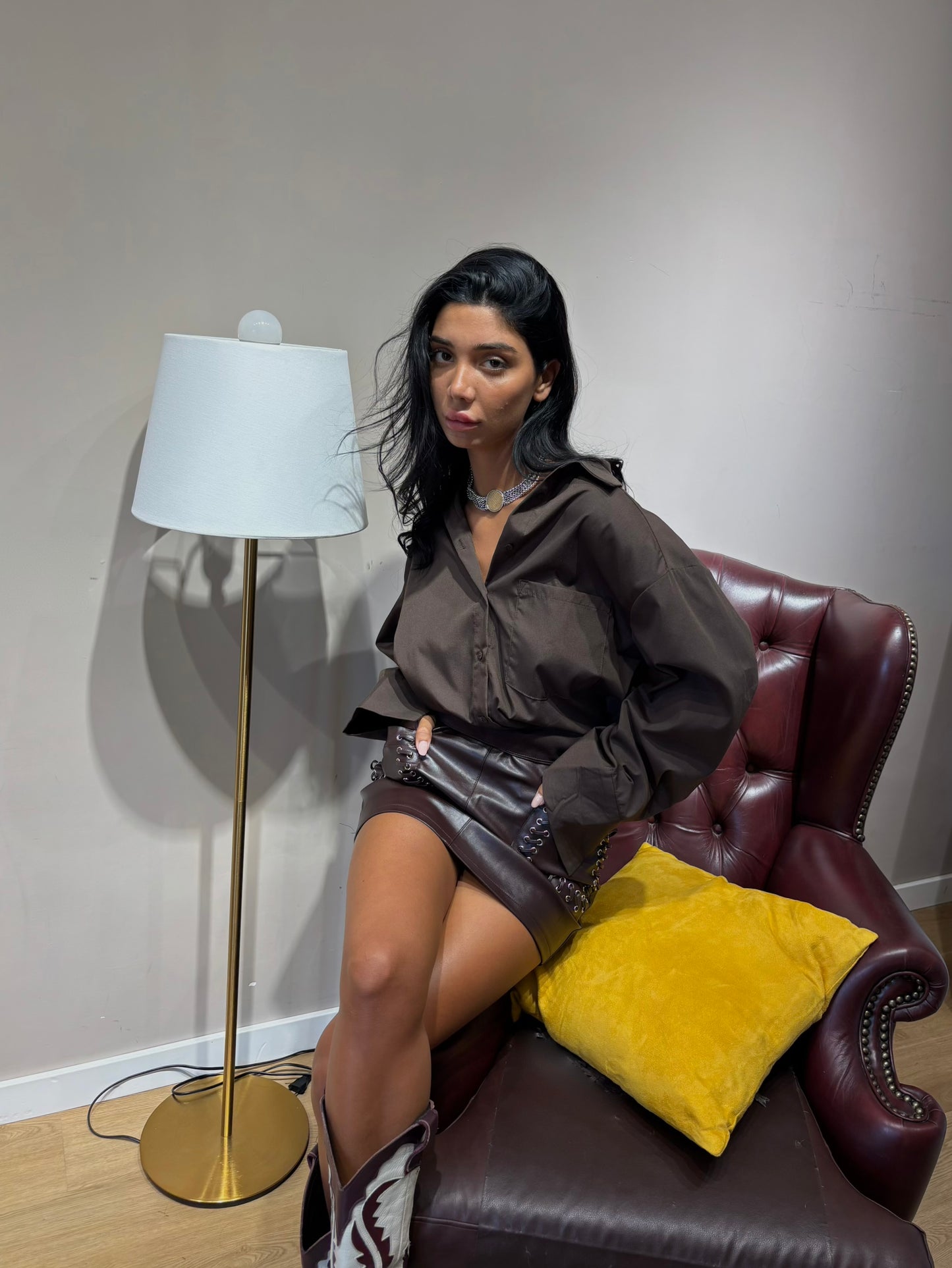 Maxi camicia in cotone marrone