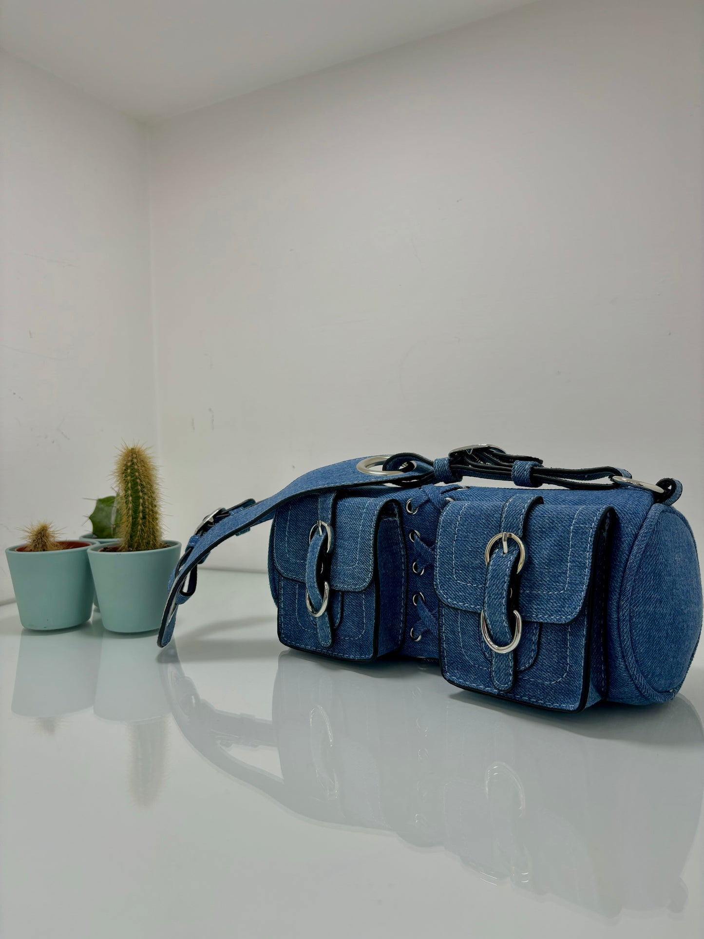 Borsa denim con doppia tracolla