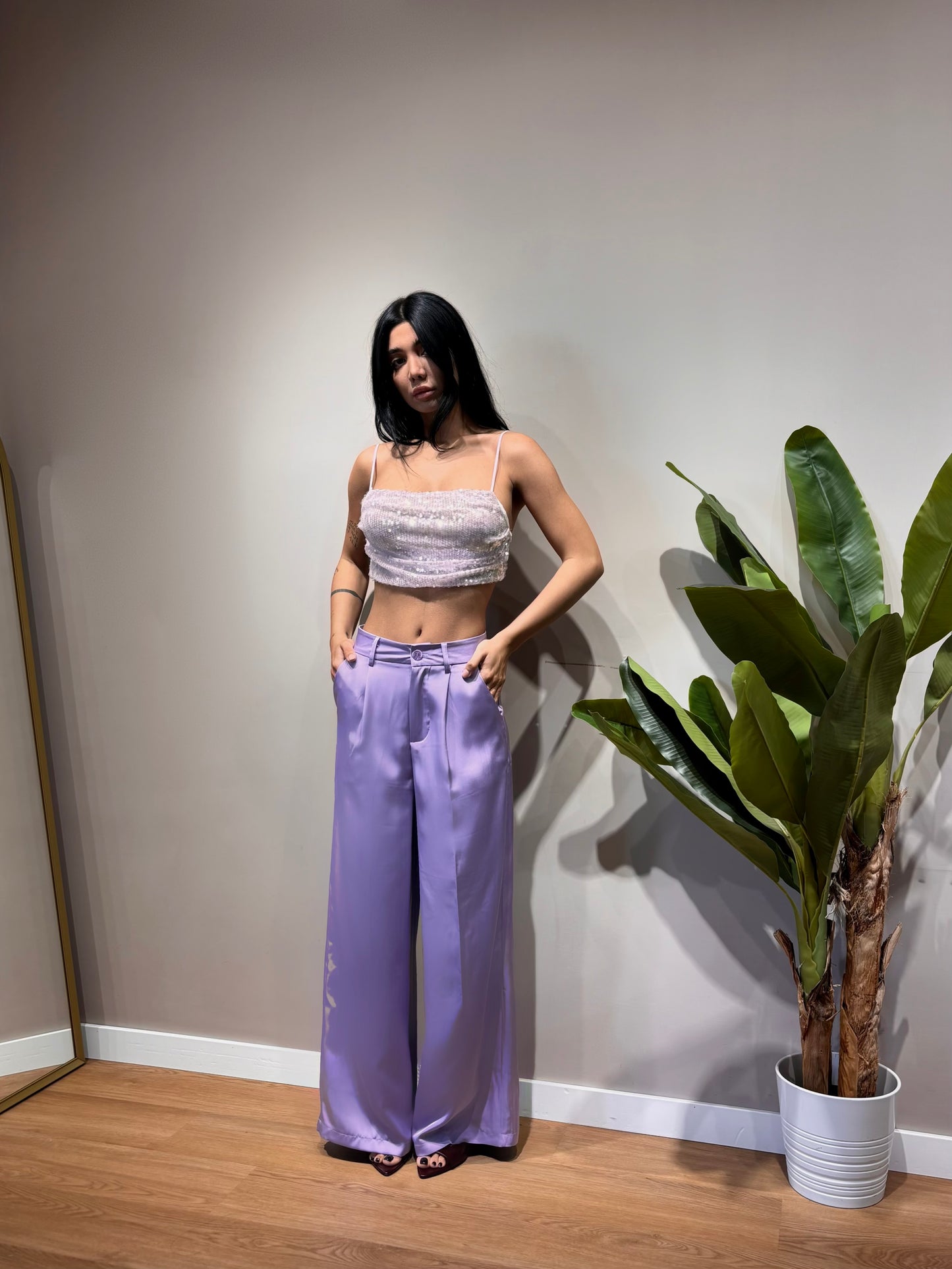 Pantaloni effetto seta (lilla/ giallo sole )