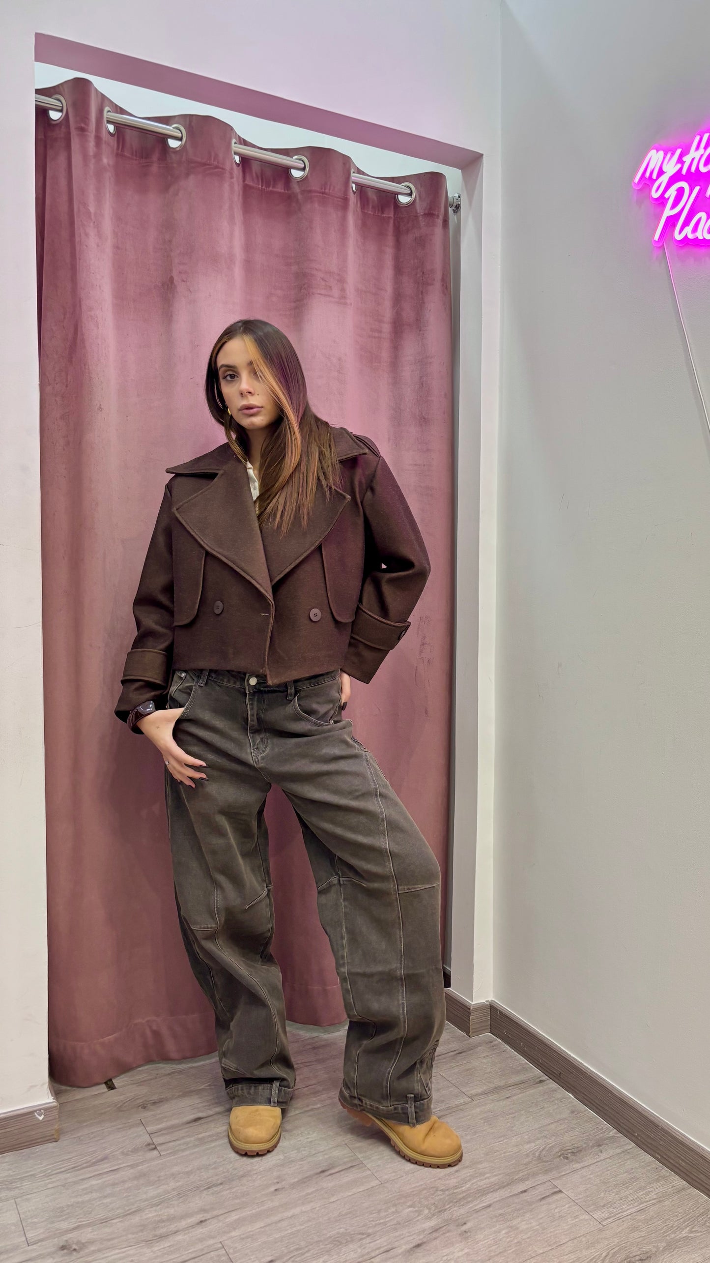 Coat Cropped bridge marrone