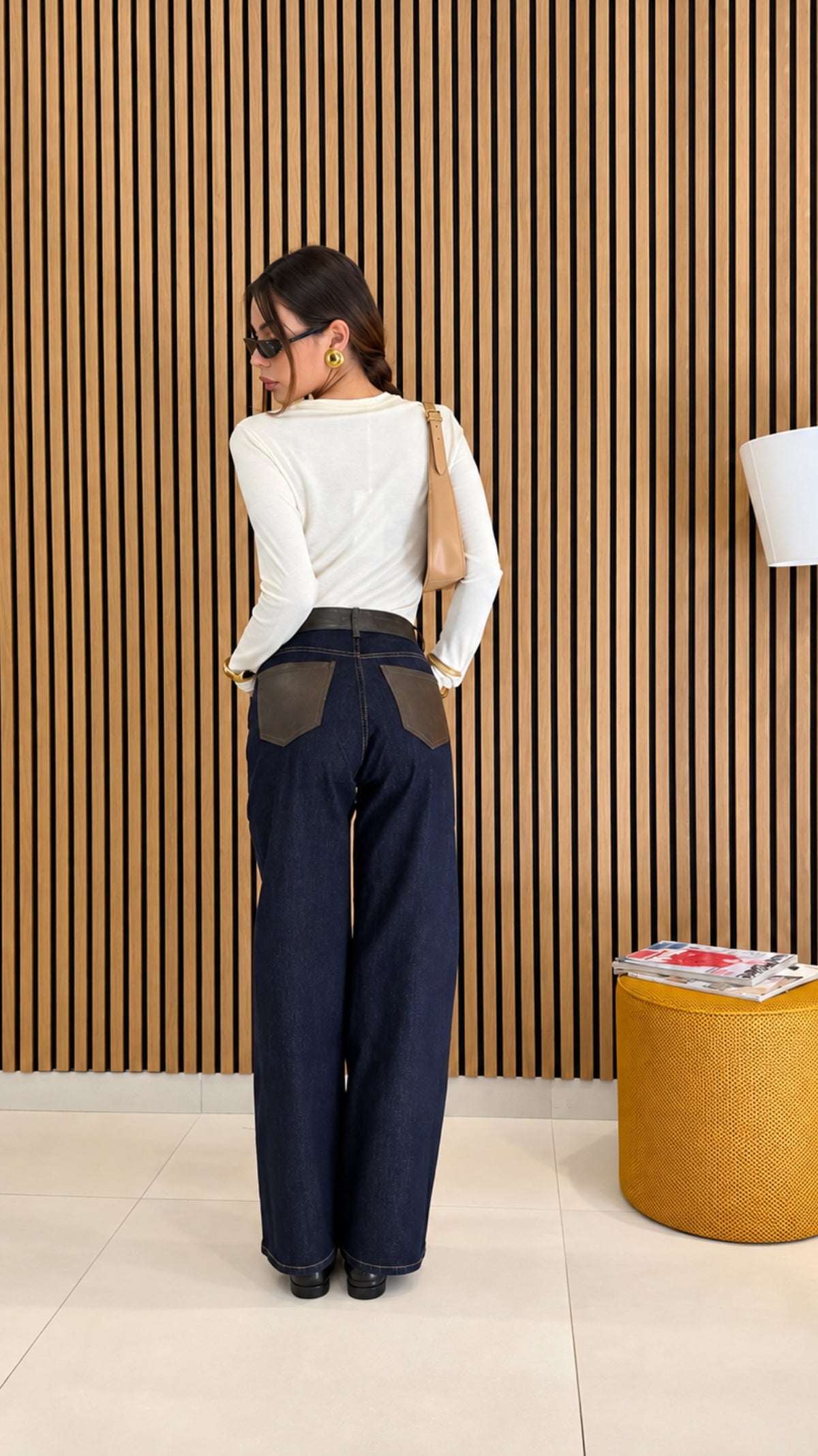 Jeans wide leg inserti in ecopelle