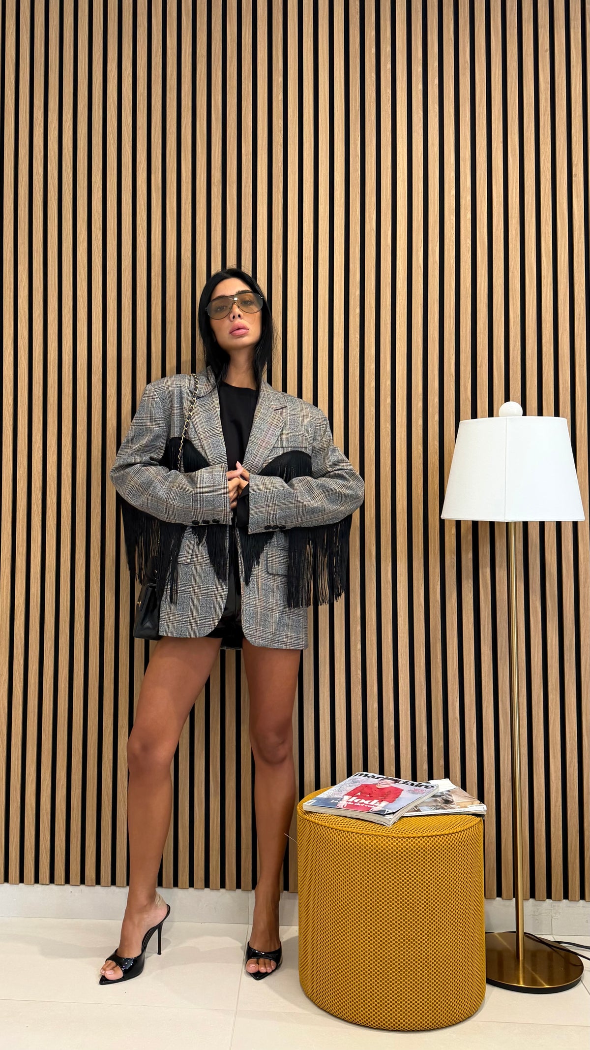 Maxi blazer a quadri con frange by lumina