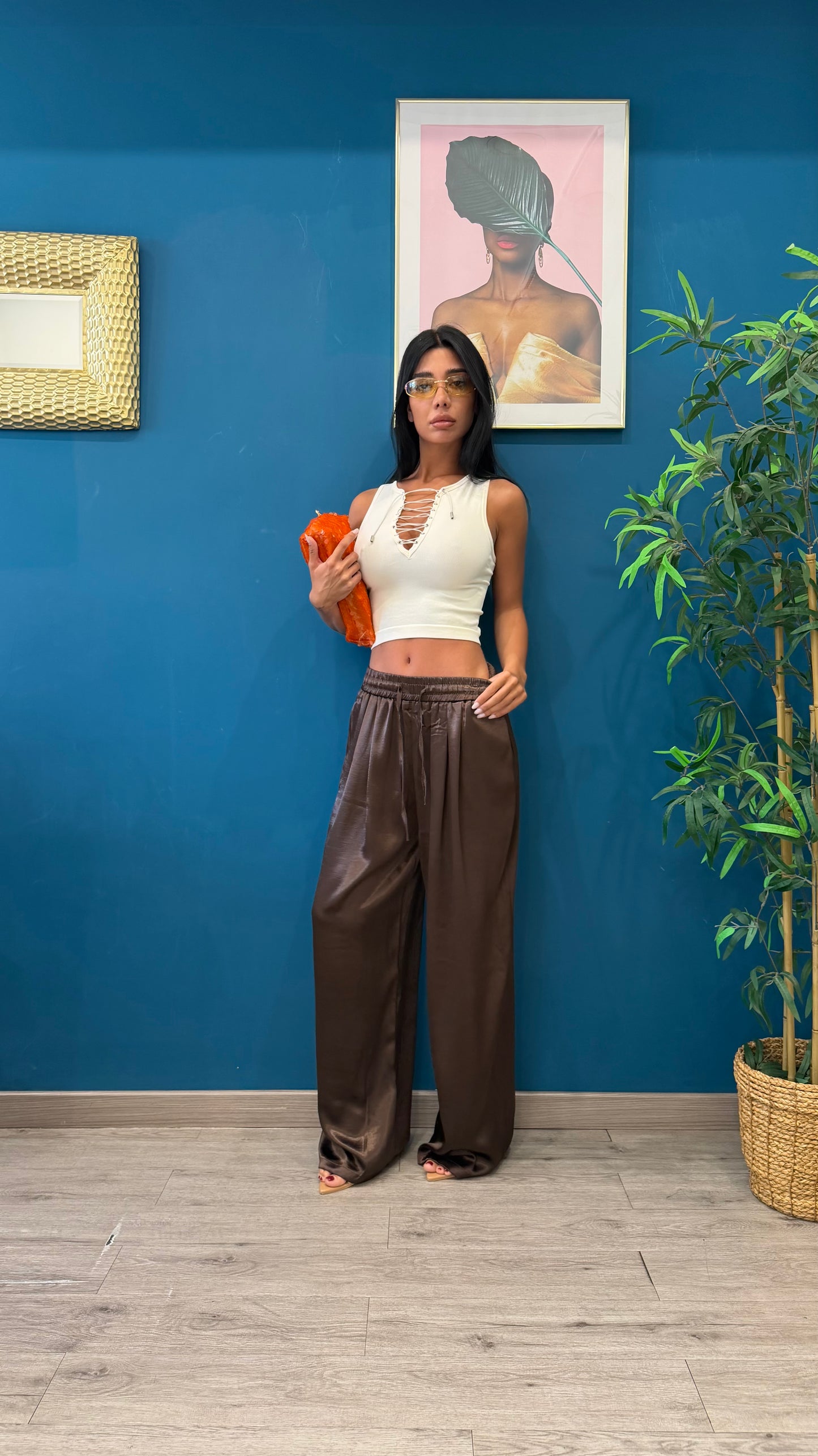 Pantaloni morbidi effetto satin( marrone/ panna )