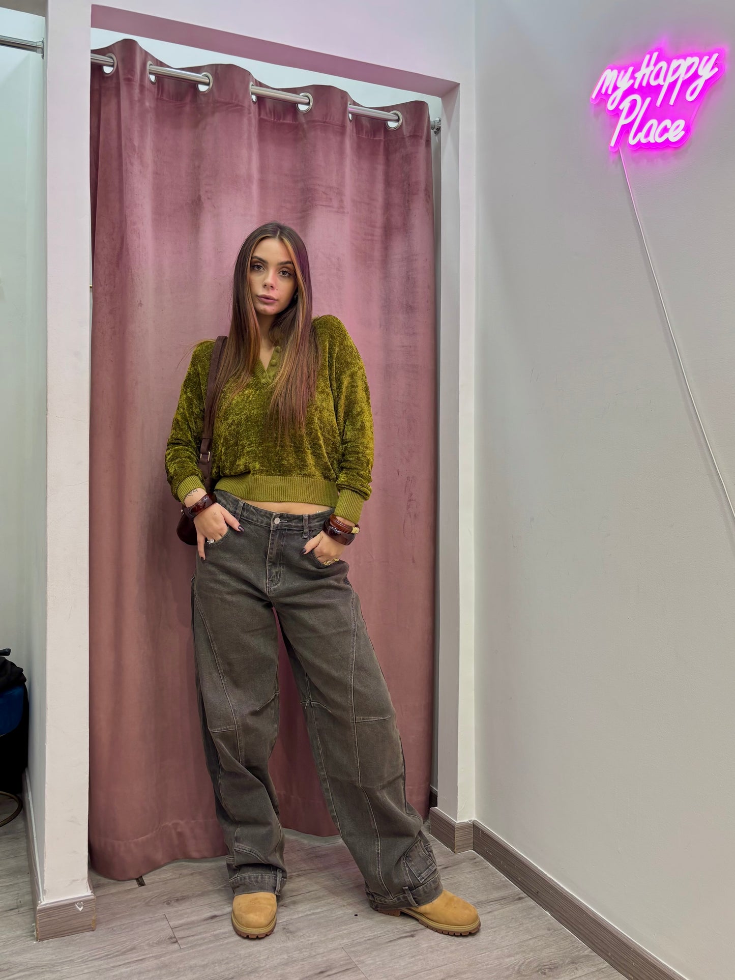 Polo in ciniglia ( verde olio / marrone / panna )