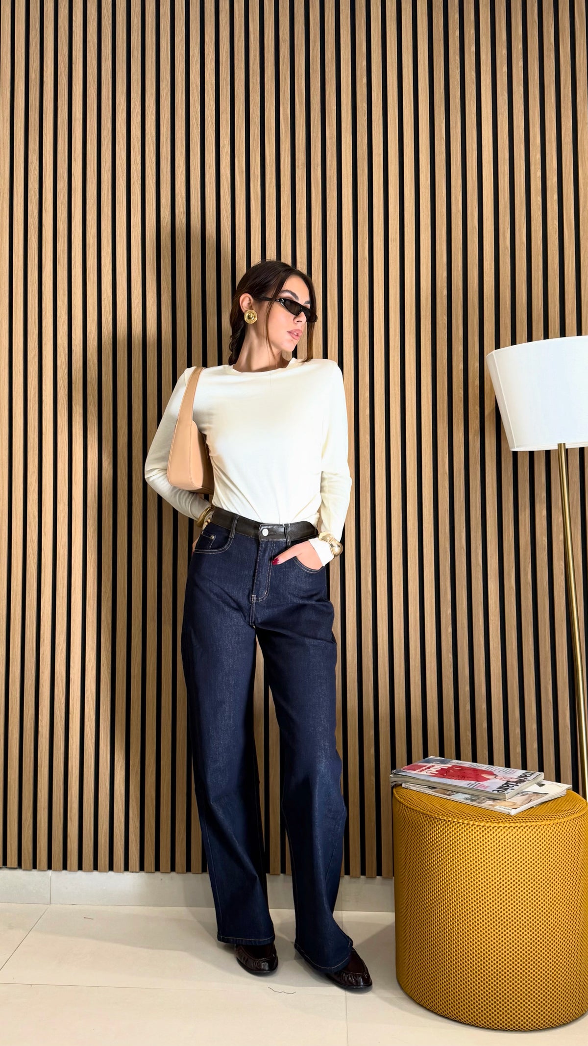 Jeans wide leg inserti in ecopelle