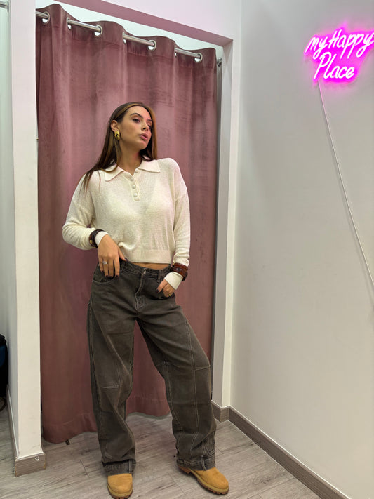 Polo in ciniglia ( verde olio / marrone / panna )