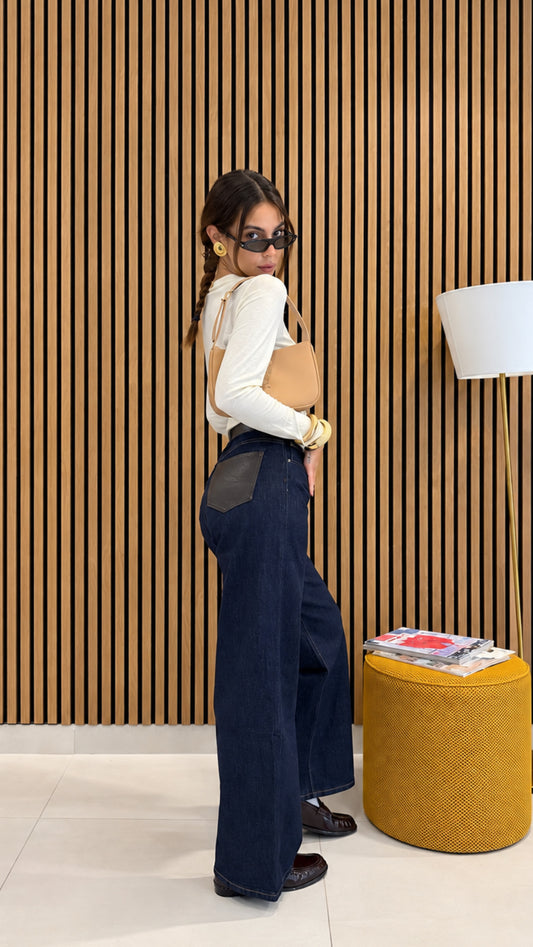 Jeans wide leg inserti in ecopelle