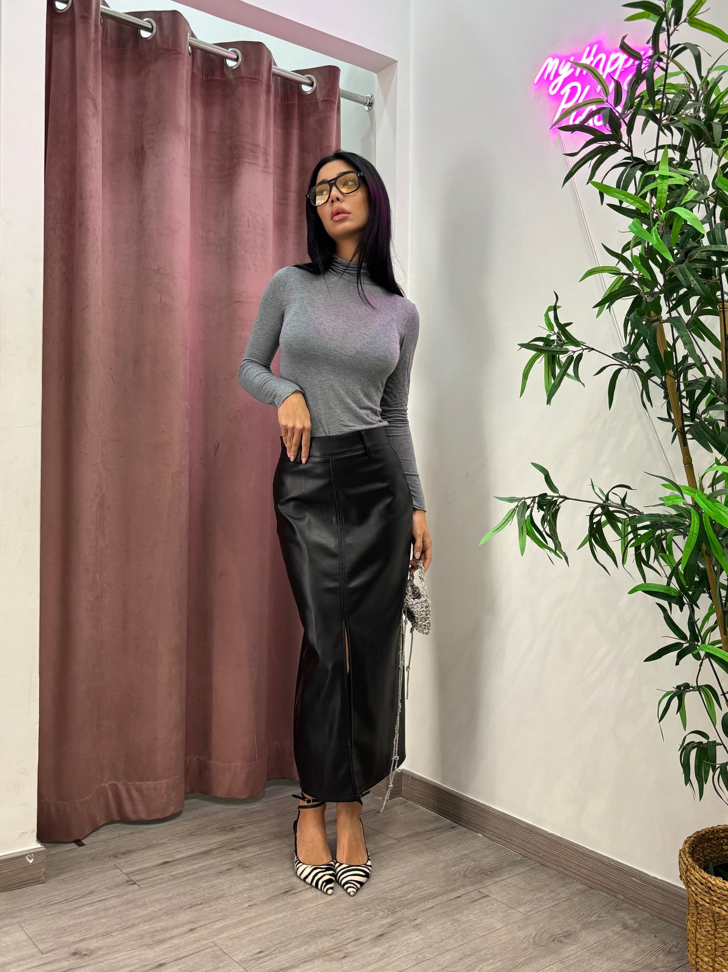 Gonna longuette in ecopelle ( nero / burgundi)