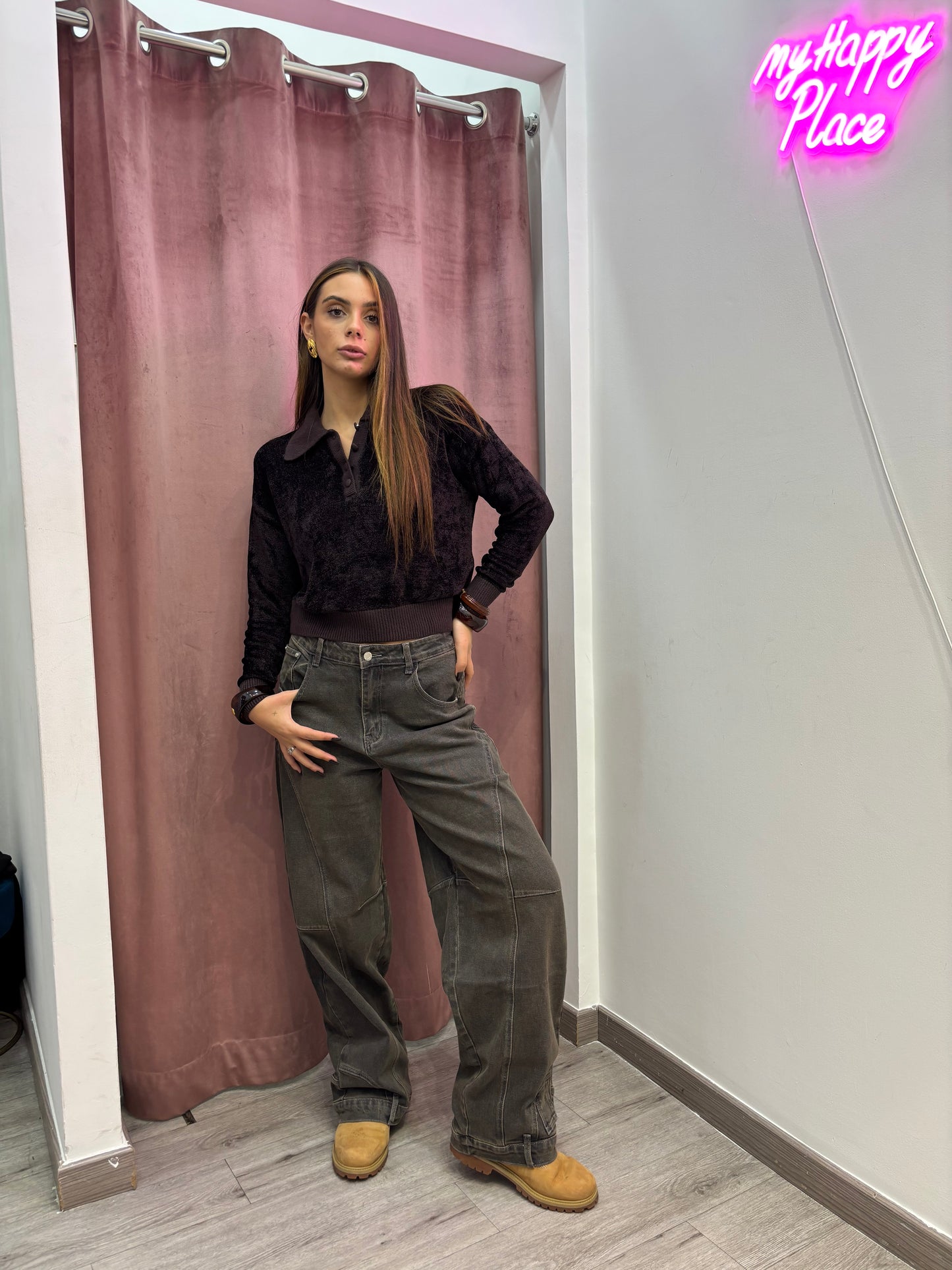 Polo in ciniglia ( verde olio / marrone / panna )