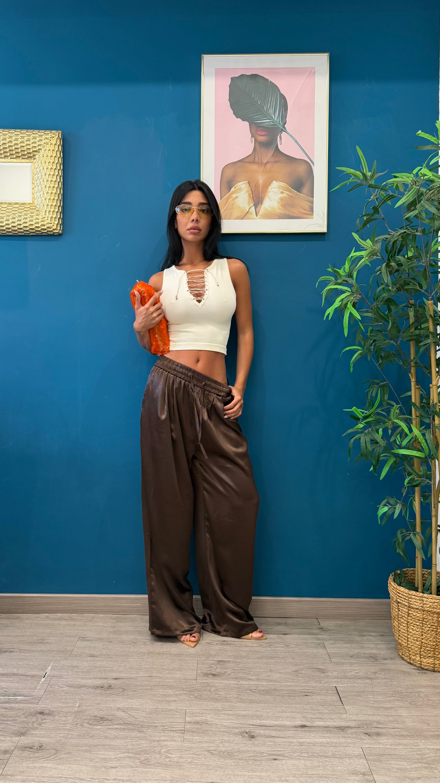 Pantaloni morbidi effetto satin( marrone/ panna )